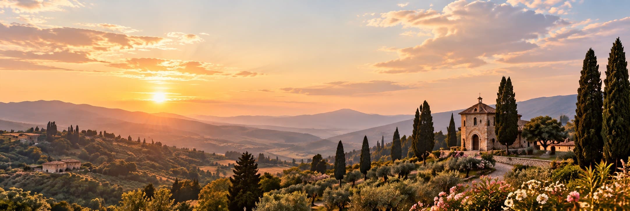 A stone chapel among cypress trees on a Tuscan hillside at sunset